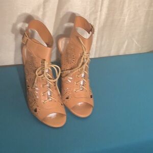 BAMBOO Tan Peep-Toe Lace-Up Heels